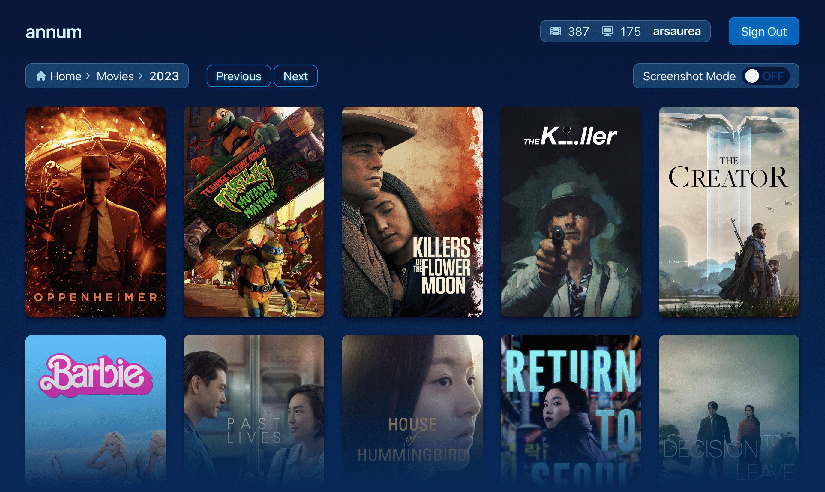 Screenshot of the poster-grid dashboard you see once logged in: watched movies in a 5 column grid for the year 2023, with previous/next buttons to switch years and a "Screenshot Mode" that removes the gaps between the columns and rows.